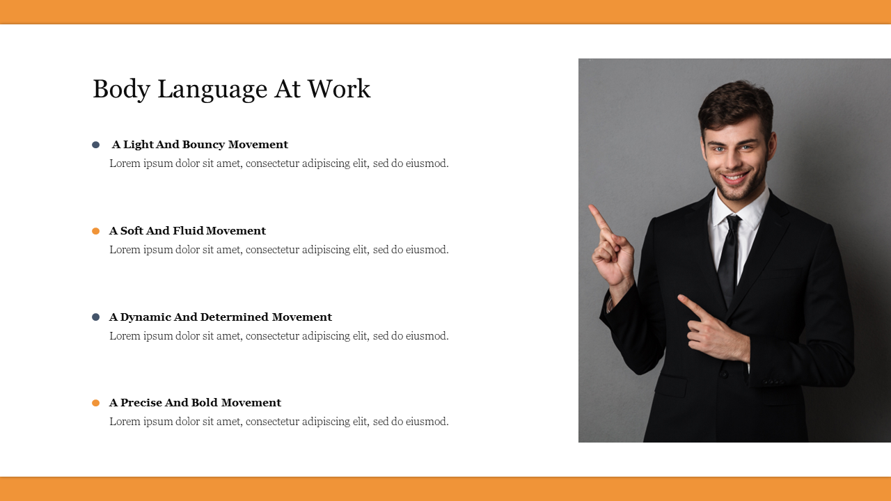 Body language slide showcasing four types of movements with descriptions and an image of a confident speaker.