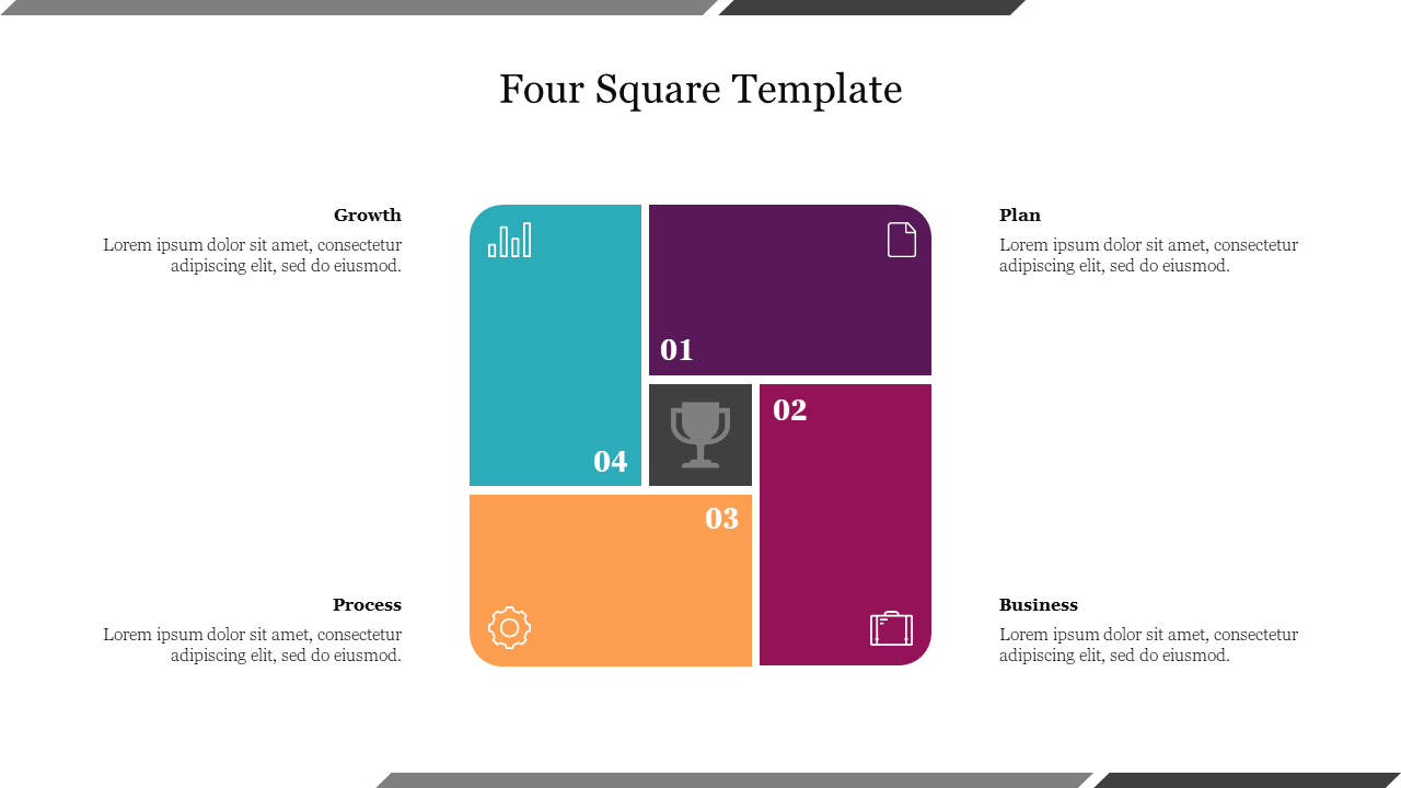 Slide shows a four-sectioned square in teal, purple, orange, and gray, each with icons and surrounding text.