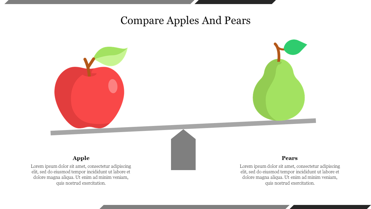 Illustration of a red apple and a green pear balanced on a scale, showing a visual comparison between the two.