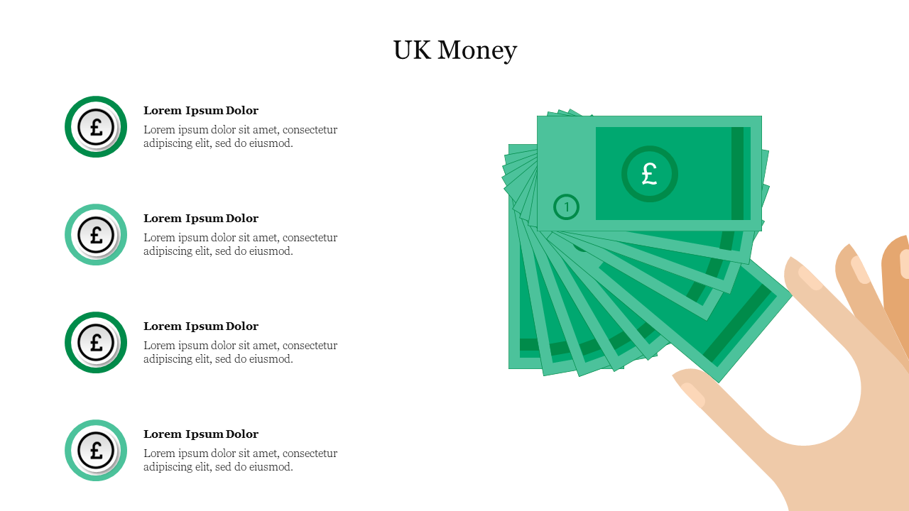 UK money illustration with a hand holding currency notes, and four placeholder text areas with pound icons on the left.