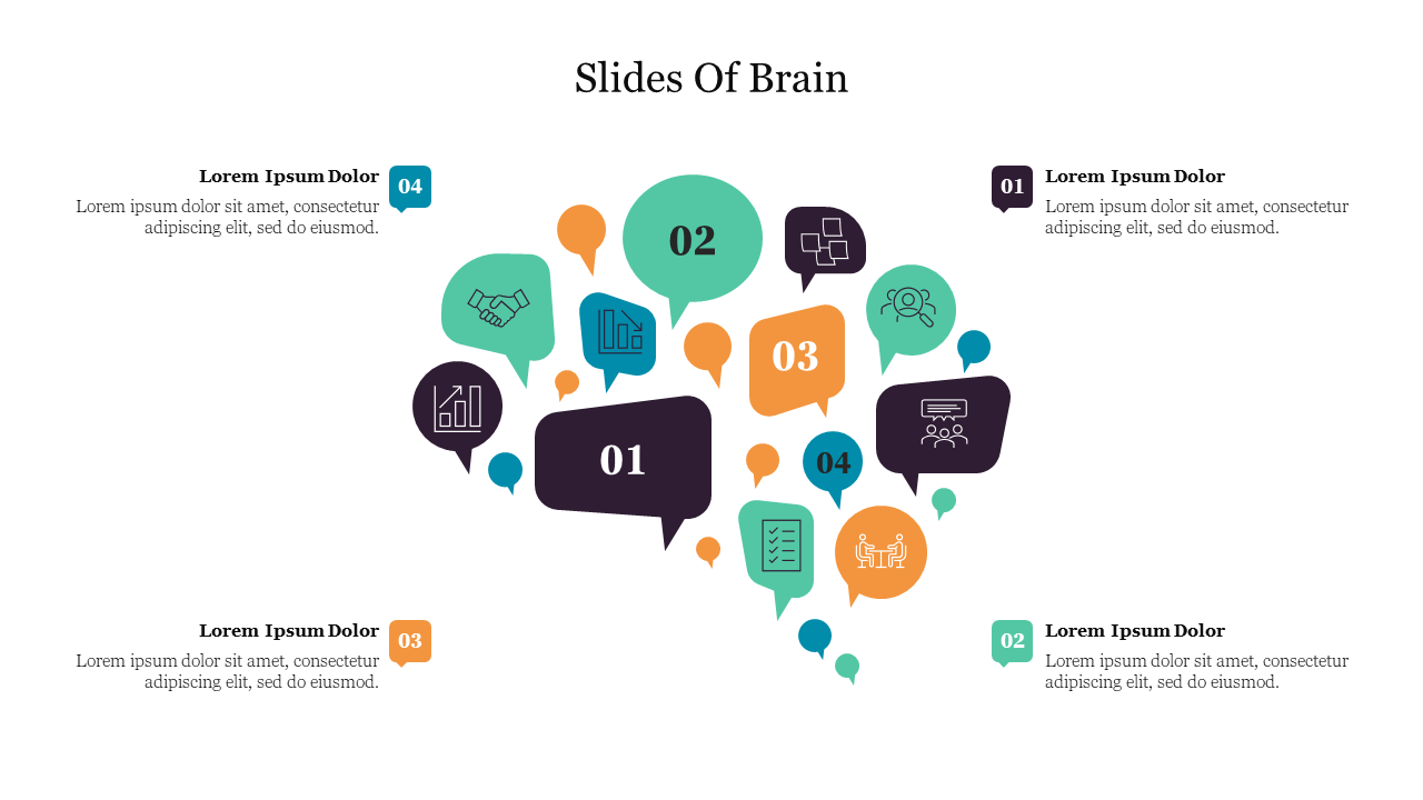 Creative brain-shaped design of speech bubbles containing numbered icons on various business concepts.