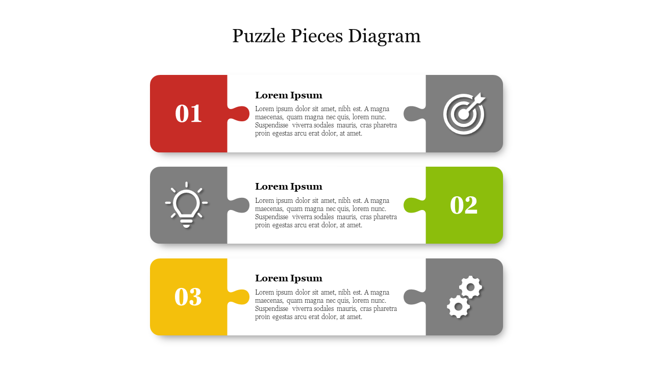 Three step puzzle diagram with horizontal blocks in red, green, and yellow, each containing gray icons and placeholder text.