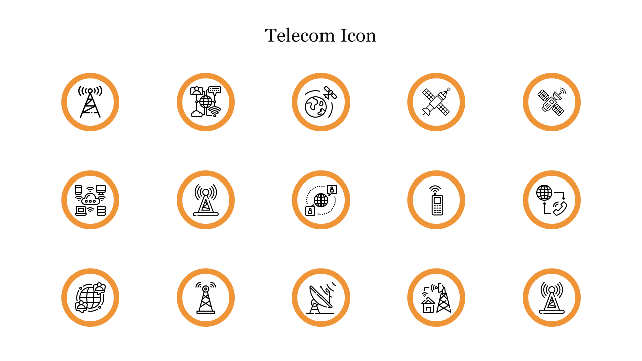 Set of 15 orange circular telecom icons representing communication technologies on a white backdrop.