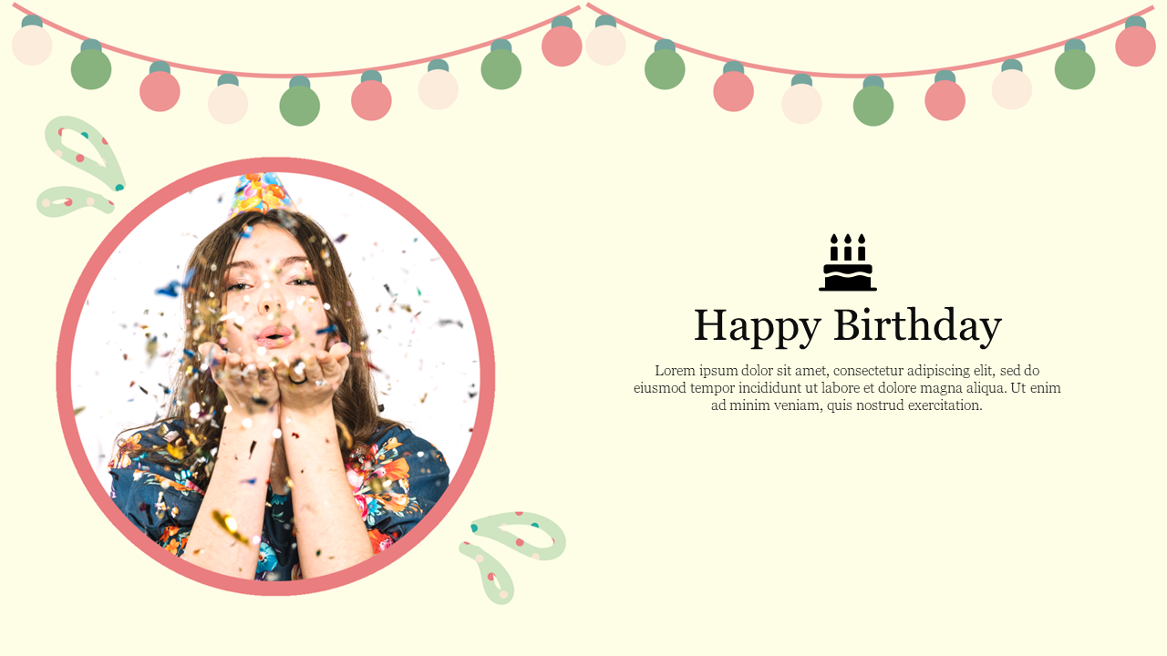 Birthday-themed slide with a woman blowing confetti on the left and wishing text with a cake icon on the right.