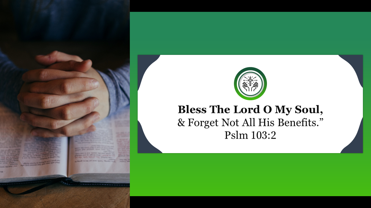 Hands folded in prayer over a book on the left, with a green section on the right containing a religious quote.