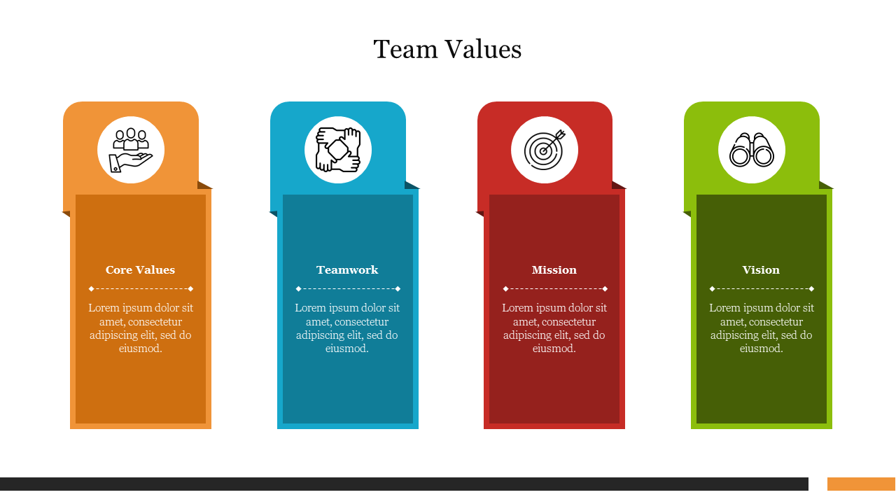 Team values slide with four colorful columns labeled , each featuring an icon above placeholder text.