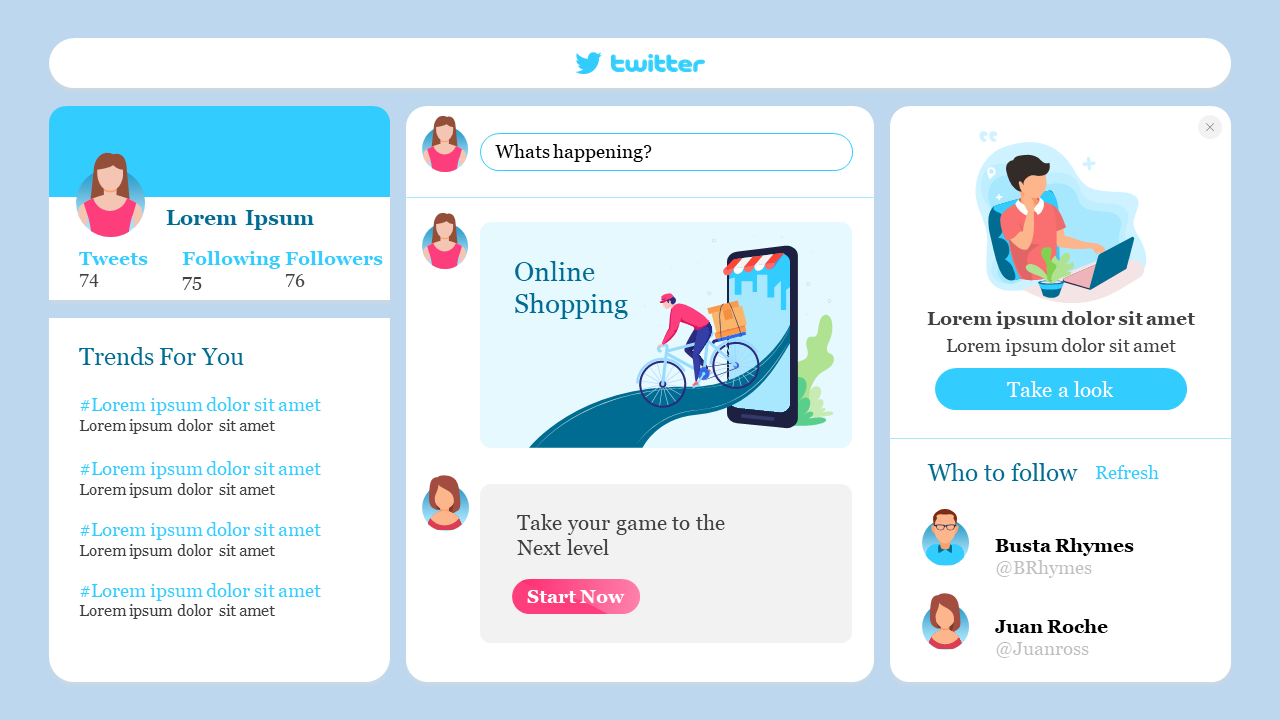 Twitter inspired template with sections for trends, tweets, and a suggestion box, all in a light blue design.