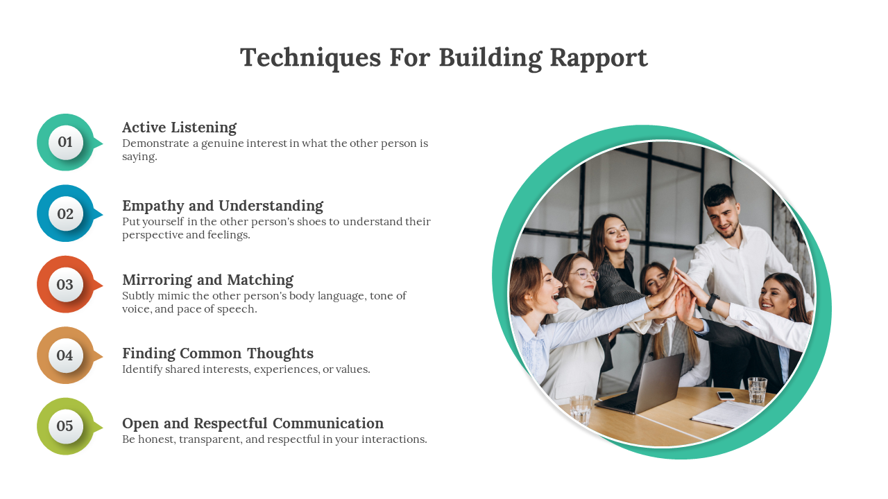 Five numbered rapport building techniques, with a group of people high fiving around a table in a circular frame.