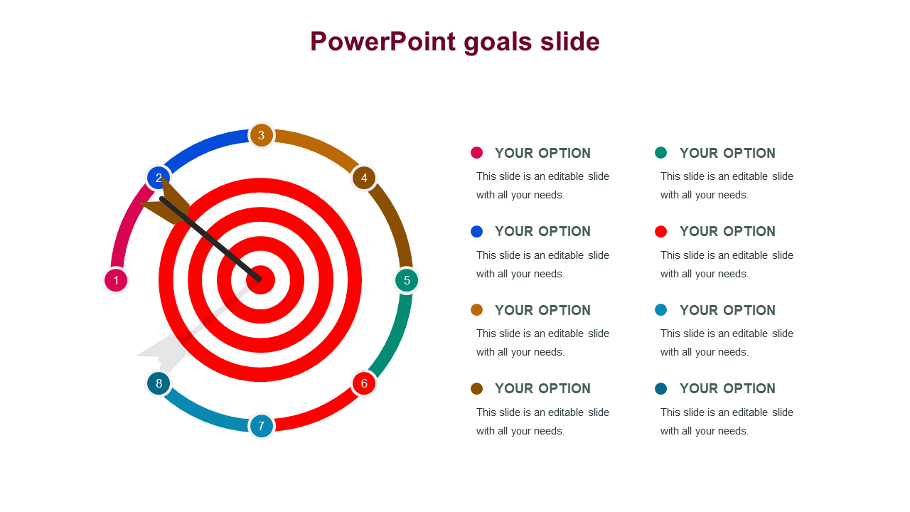 Goals PPT slide featuring a colorful spiral target and numbered sections with options and placeholder text on a white theme.