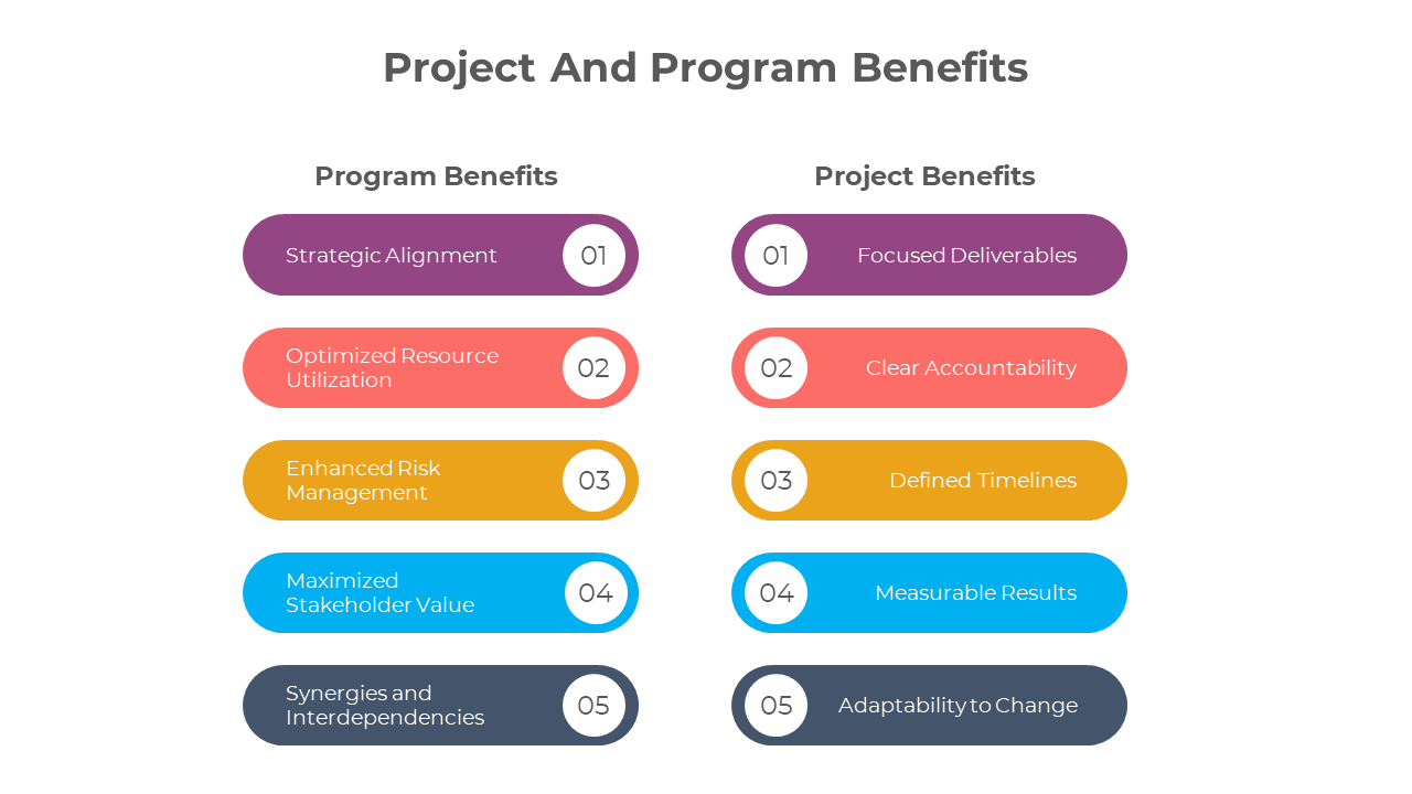 Comparison of program and project benefits displayed in parallel columns with color coded highlights.