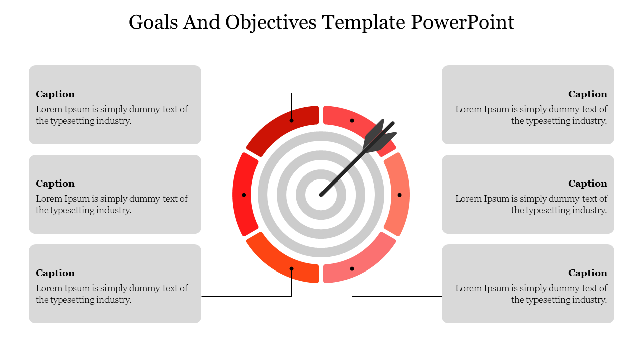 Target infographic with red gradient rings, a dart hitting the center, and six gray text boxes for goals and objectives.