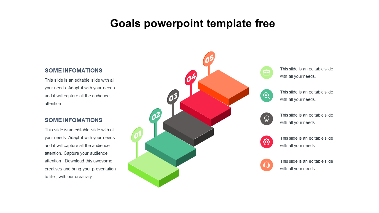 PowerPoint template with a step by step goal setting visual, featuring numbered blocks and icons with placeholder text.