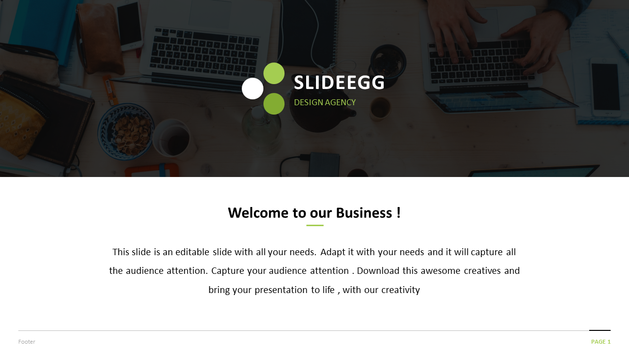 Welcome PPT slide featuring the SlideEgg logo, text, and an overhead view of a desk with laptops and office supplies.