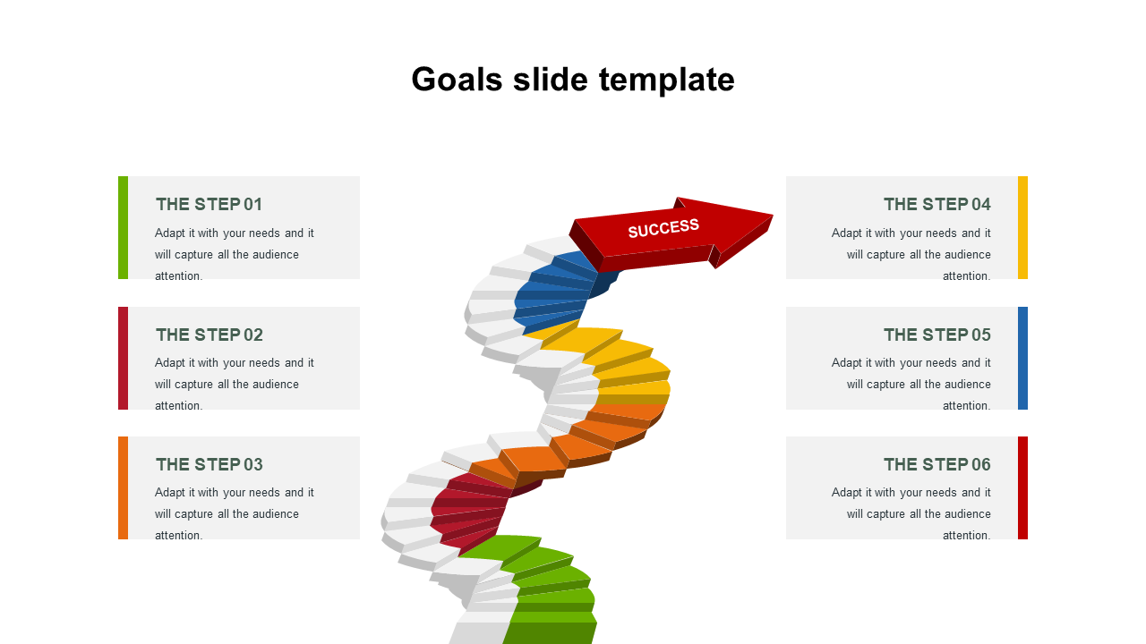 Goals slide template featuring a winding 3D staircase in multiple colors, at the top and six labeled steps on the sides.