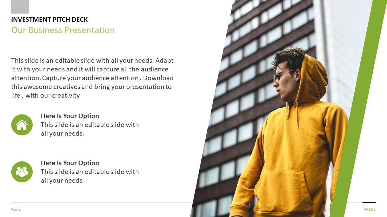 Business slide featuring two green icons with text and a stylish young man in a hoodie, with a cityscape photo.