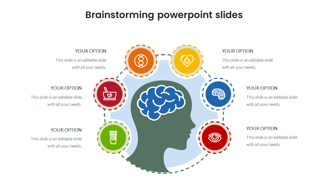 A brainstorming slide with six options surrounding a central head and brain illustration with colorful icons and captions.