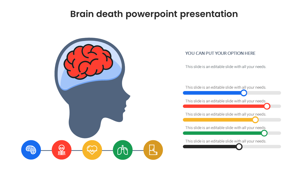 Brain death slide featuring an illustration of a brain inside a head silhouette with colorful icons and text area.