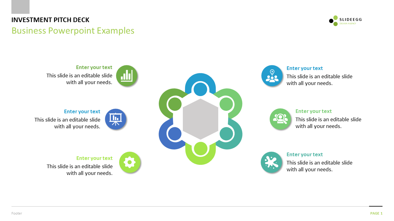 Business PPT slide featuring a hexagon surrounded by colorful icons for growth, innovation, team, and settings with text.