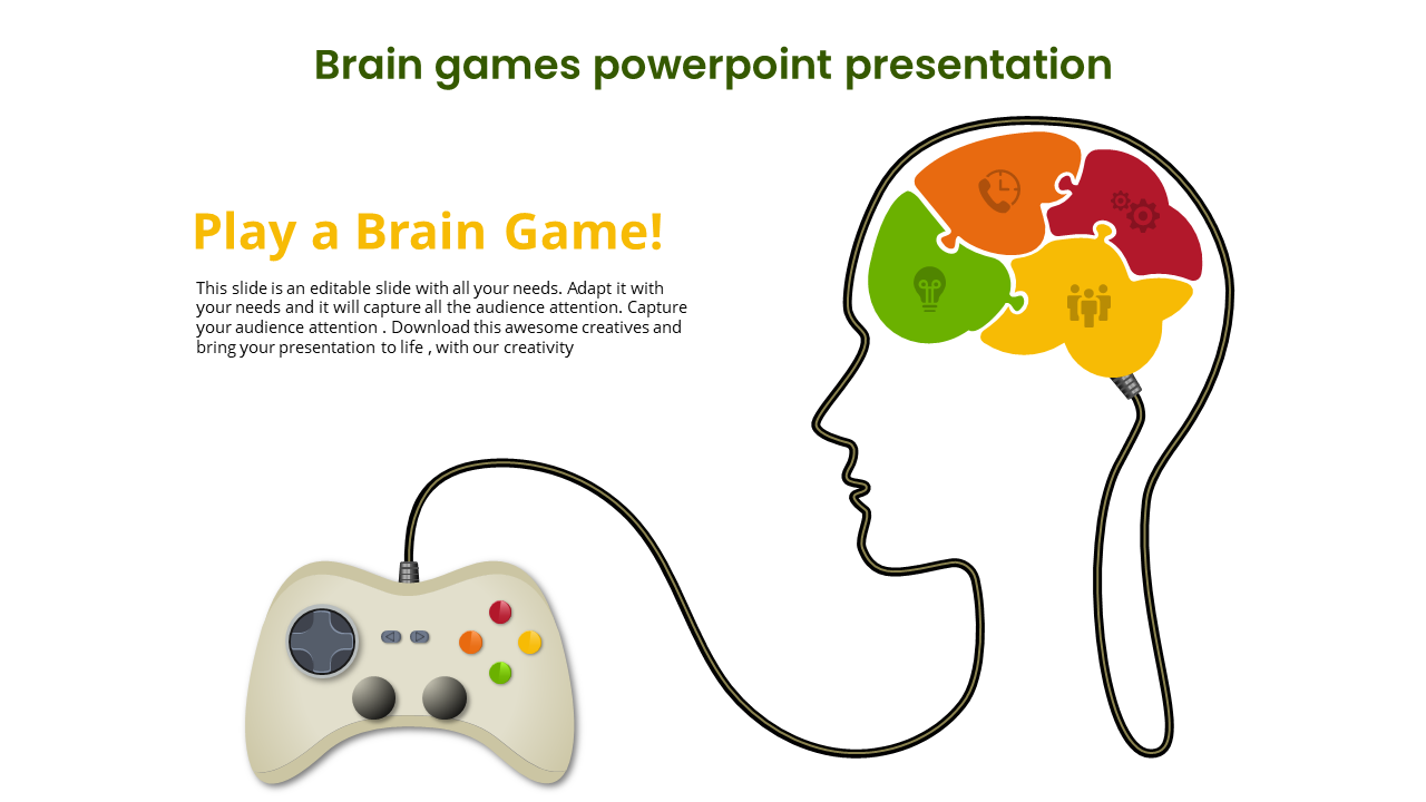 Outline of a head with colorful brain puzzle pieces connected to a game controller, symbolizing brain games.