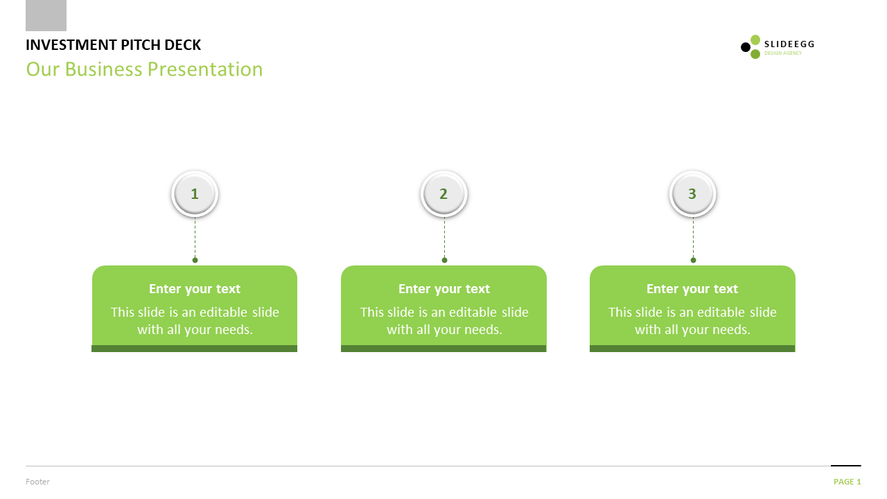 A business presentation slide with three numbered sections for text, each section represented by a green circle.