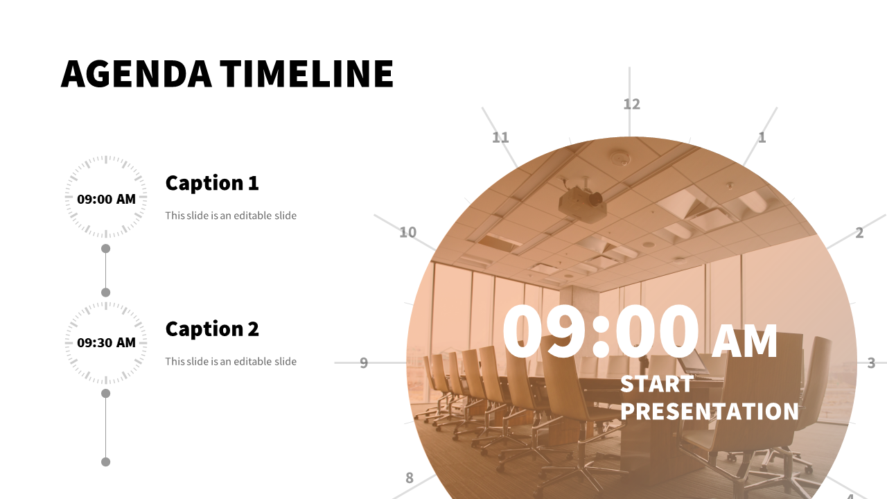 An agenda timeline slide showcasing a meeting room, with time markers indicating the start of a presentation at 09:00 AM.