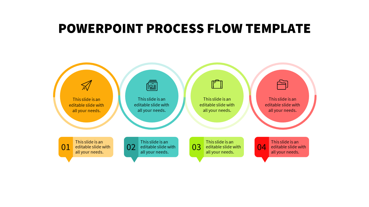 Process flow PPT template with four colorful steps, each containing a caption and an icon with placeholder text.