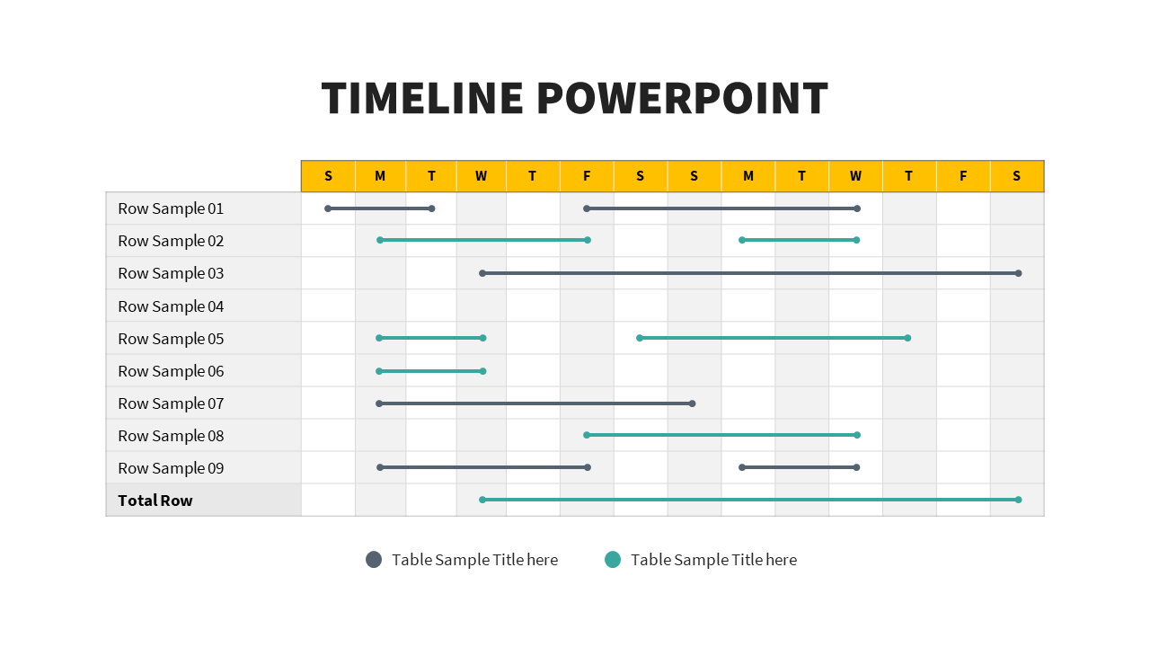 Timeline PPT template with rows representing different tasks and dates marked in a table.