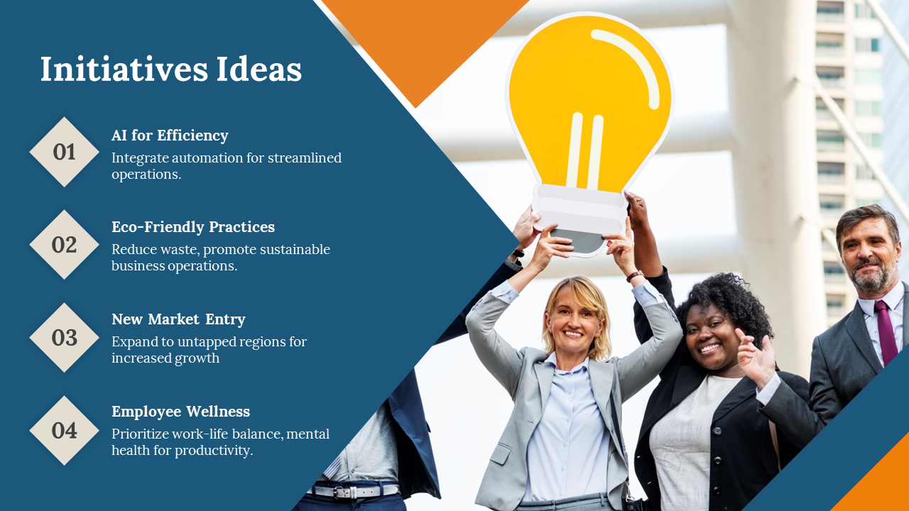 Four initiative ideas displayed in a blue and orange layout with a team holding a light bulb graphic.