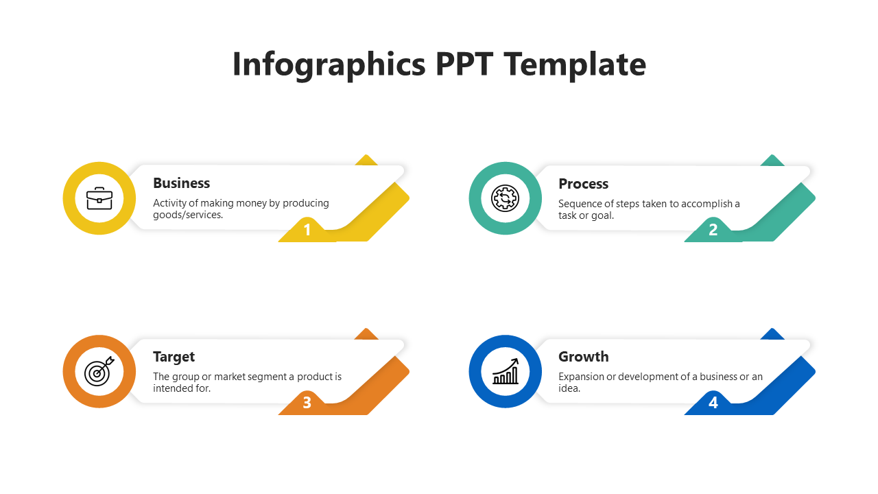 Infographic featuing four geometric design with arrows in yellow, green, orange, and blue, each with a circular icon.