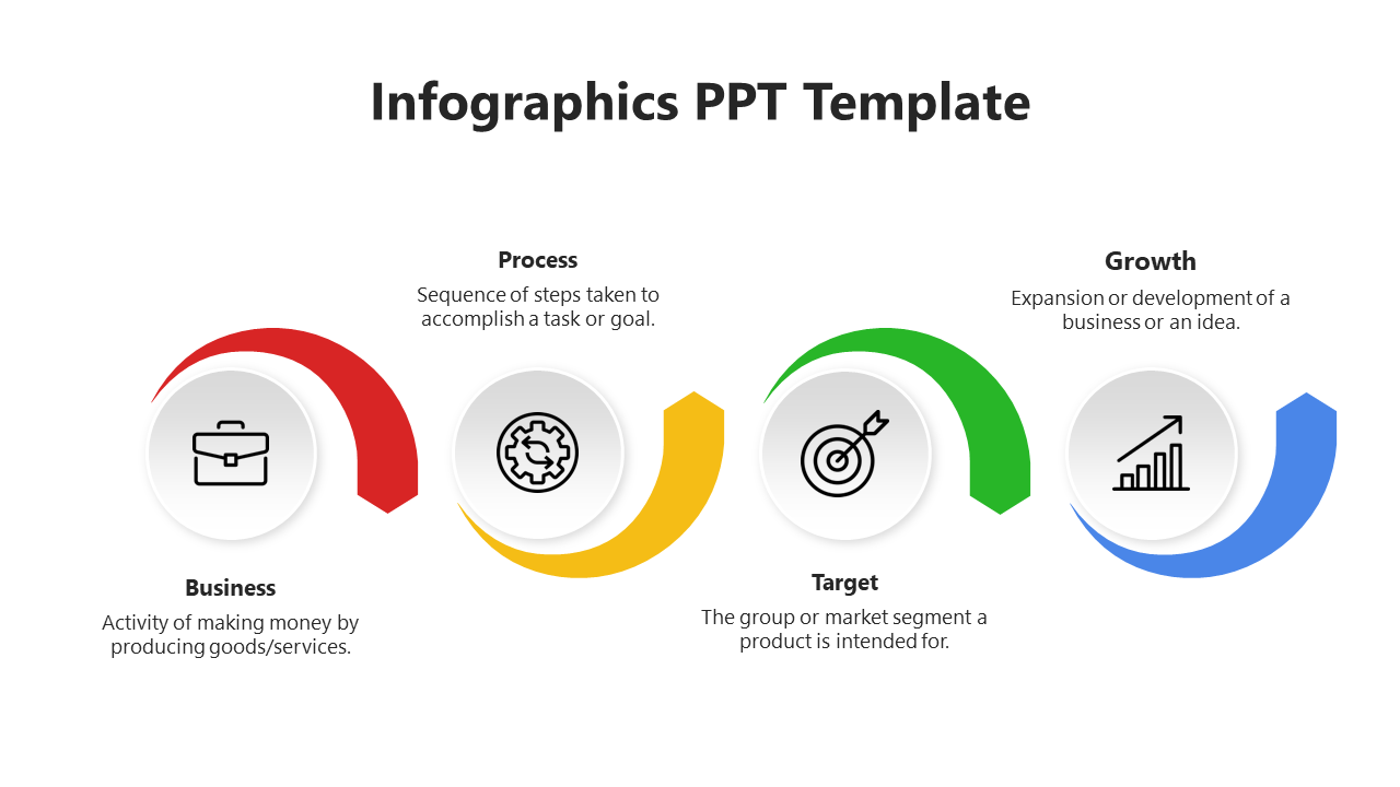 Infographic PPT template with four steps represented by colorful curved arrows and icons on a white backdrop.