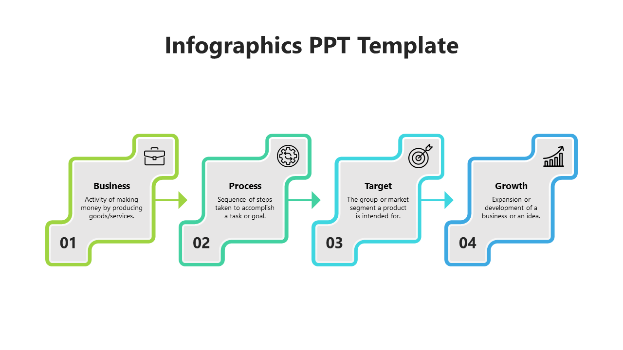 Four step infographic in green, teal, turquoise, and blue, each explaining business terms with corresponding icons.