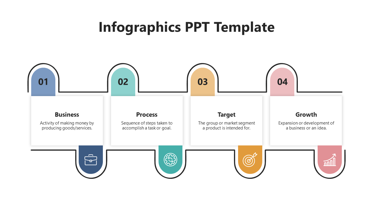 Colorful infographic PPT slide displaying business, process, target, and growth stages with icons and text description.