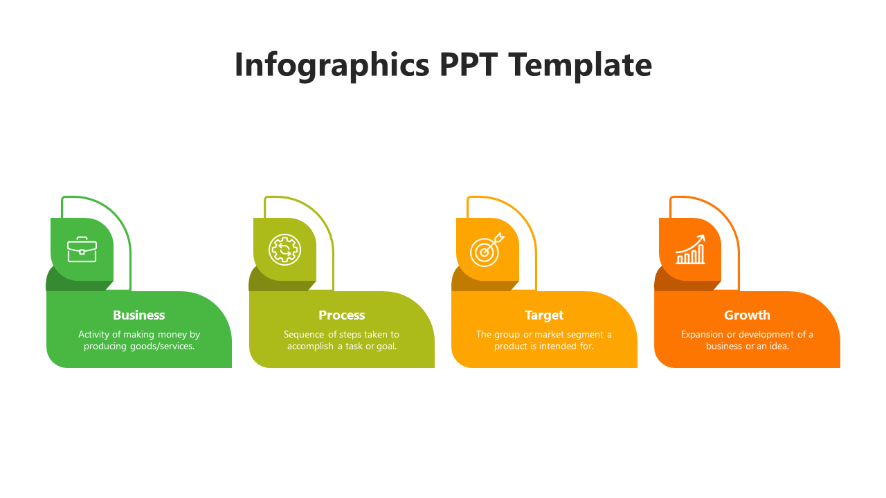 Infographics PPT template with four colorful sections representing business, process, target, and growth with icons.