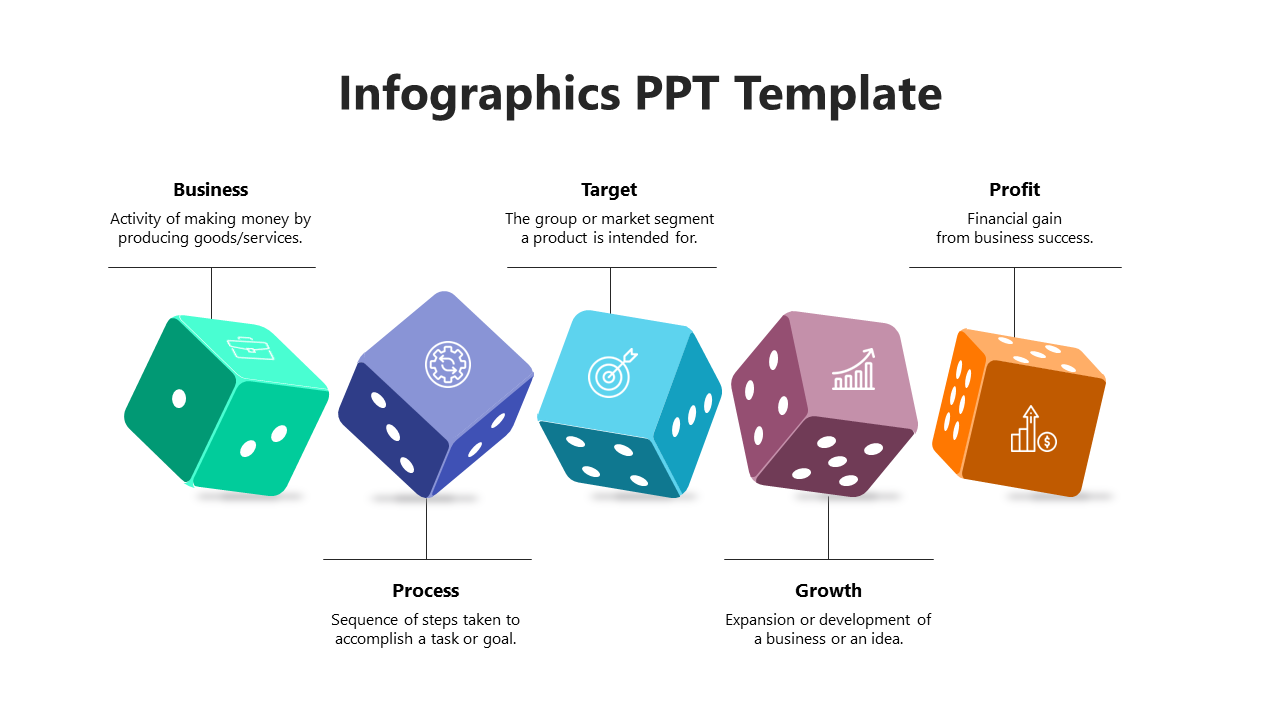 Infographics slide with five colorful dice icons in green, purple, blue, brown, and orange, aligned horizontally with labels.