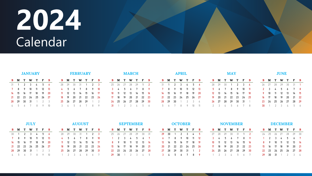 2024 calendar layout with months in a grid, weekends highlighted in red and a blue abstract geometric design in the header.