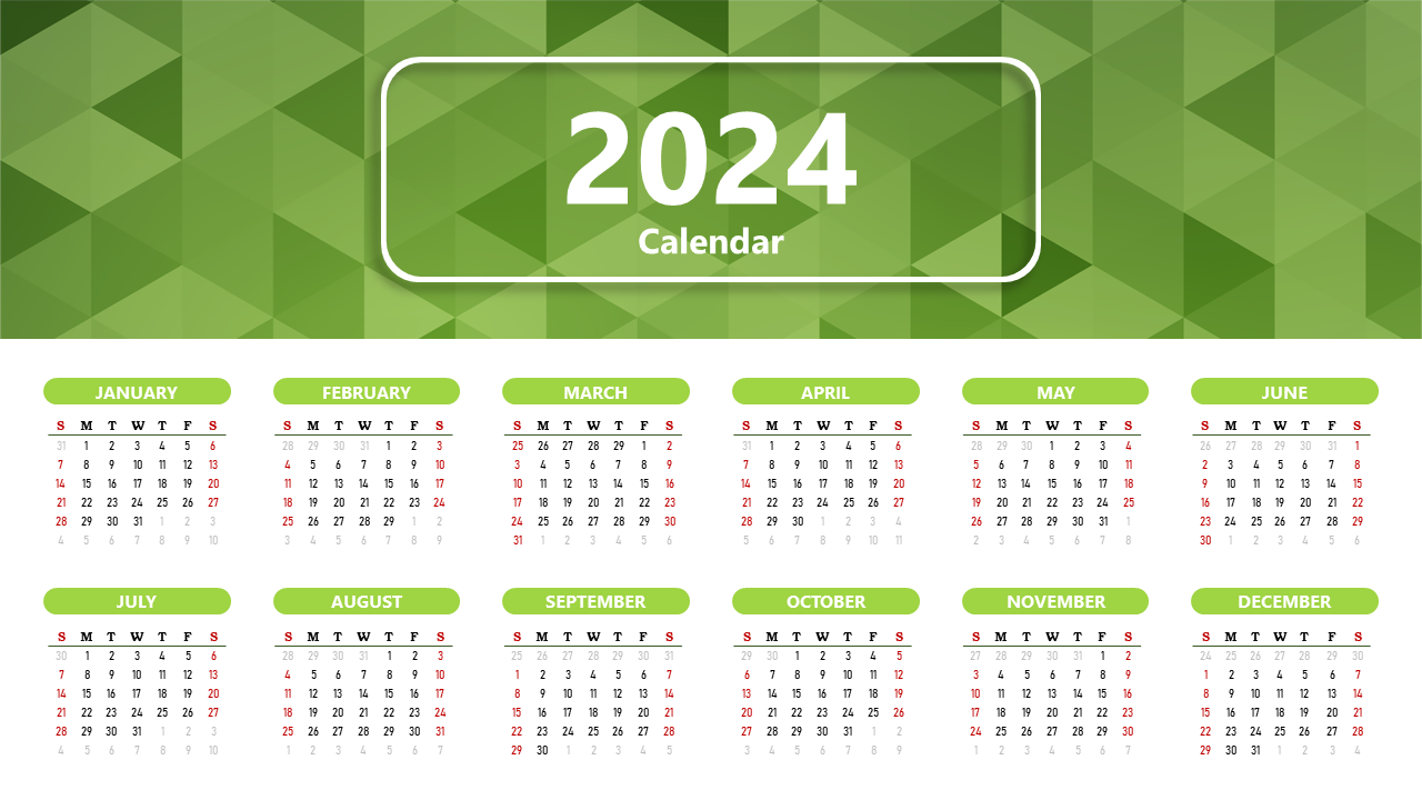 2024 calendar with a green triangular background and months displayed in a grid format and red weekend dates.