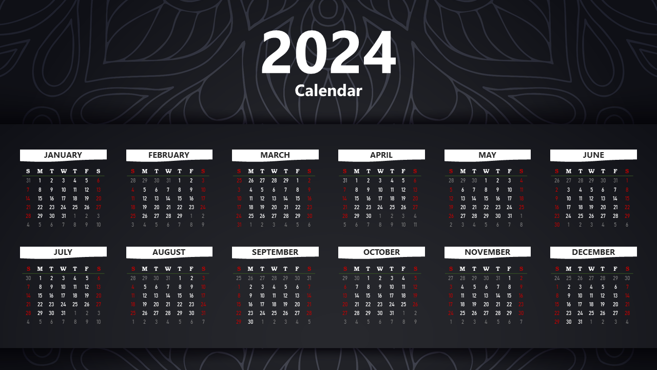 Elegant 2024 calendar PowerPoint template with a dark background and a modern, minimalist design.