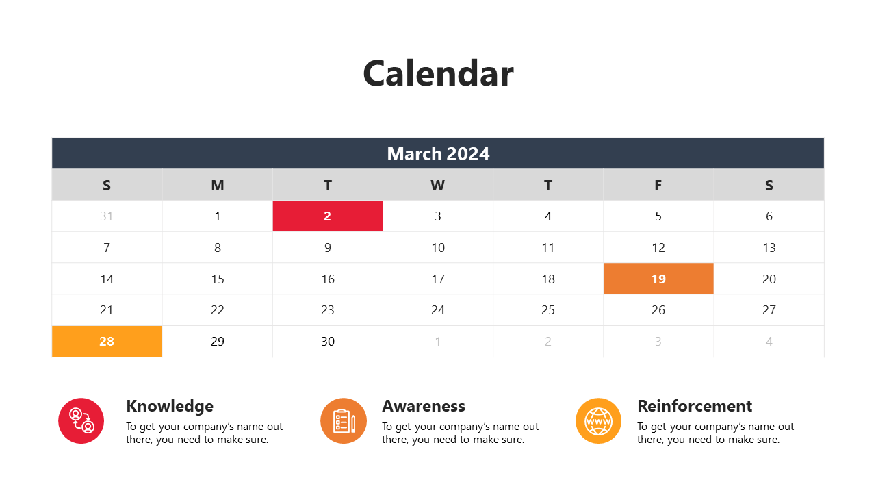 March 2024 calendar with highlighted dates in red, orange, and yellow, each with corresponding key events below.