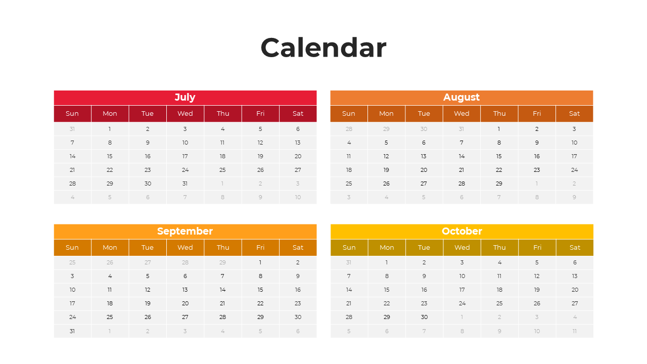 Colorful PowerPoint calendar template featuring July to October in a modern, organized layout.