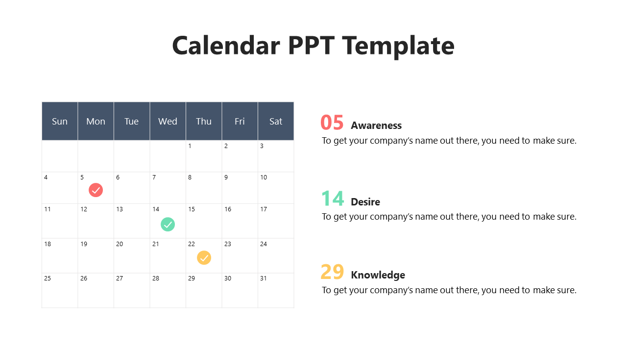 Calendar template with key dates marked in red, green, and yellow, each linked to awareness, desire, and knowledge.