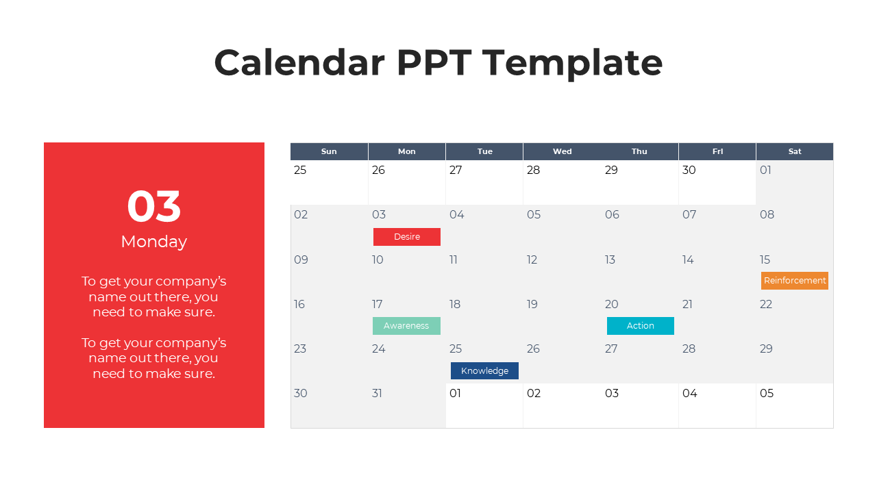 Modern calendar PowerPoint template with a sidebar for key dates and a structured monthly layout.