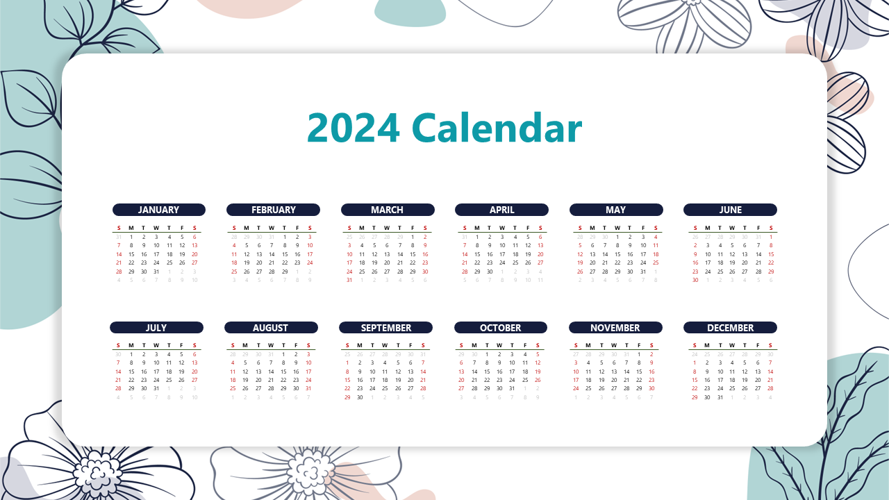 Yearly calendar for 2024 with each month organized in compact grids, featuring floral accents around the borders.