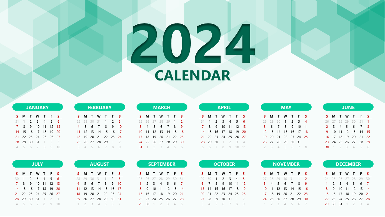 2024 calendar template with a geometric background, each month displayed in a grid with green headers and red weekend dates.