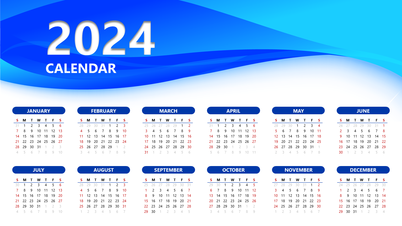 2024 calendar template featuring blue month headers and red weekends for easy date reference.