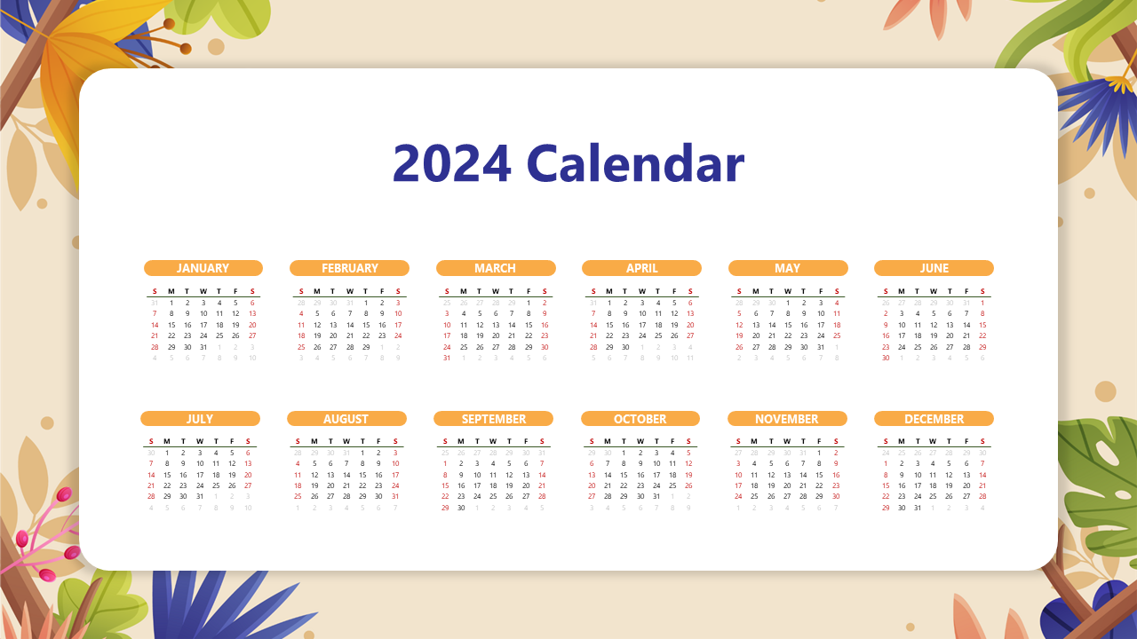 Elegant 2024 calendar PowerPoint template with a soft beige background and vibrant floral decorations.