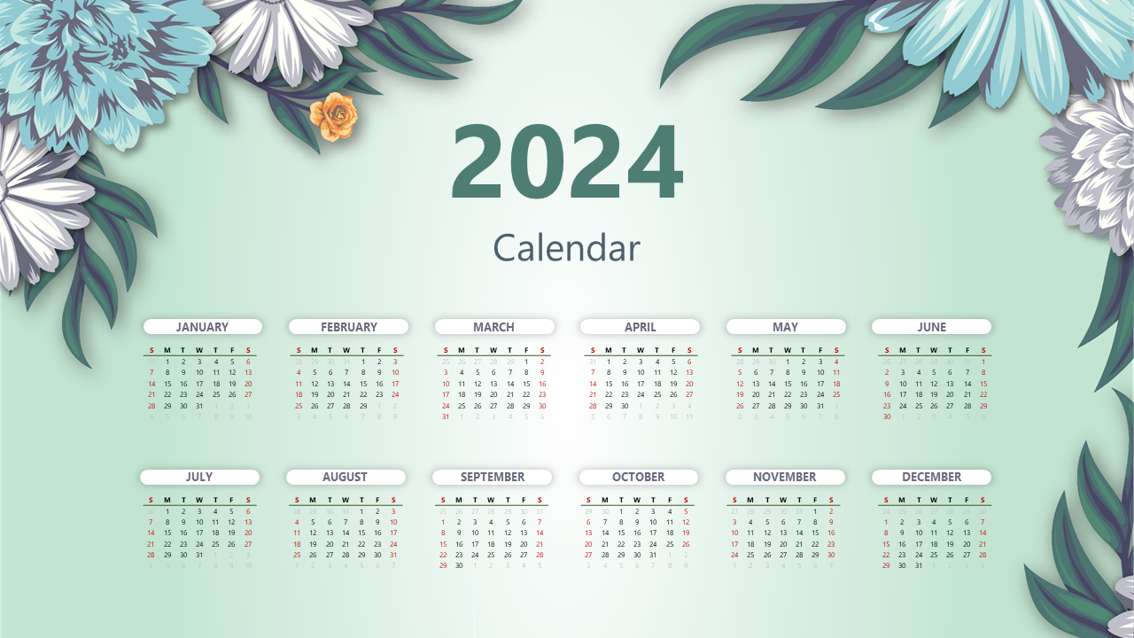 2024 calendar slide featuring a soft green background with floral borders and each month labeled above a grid.