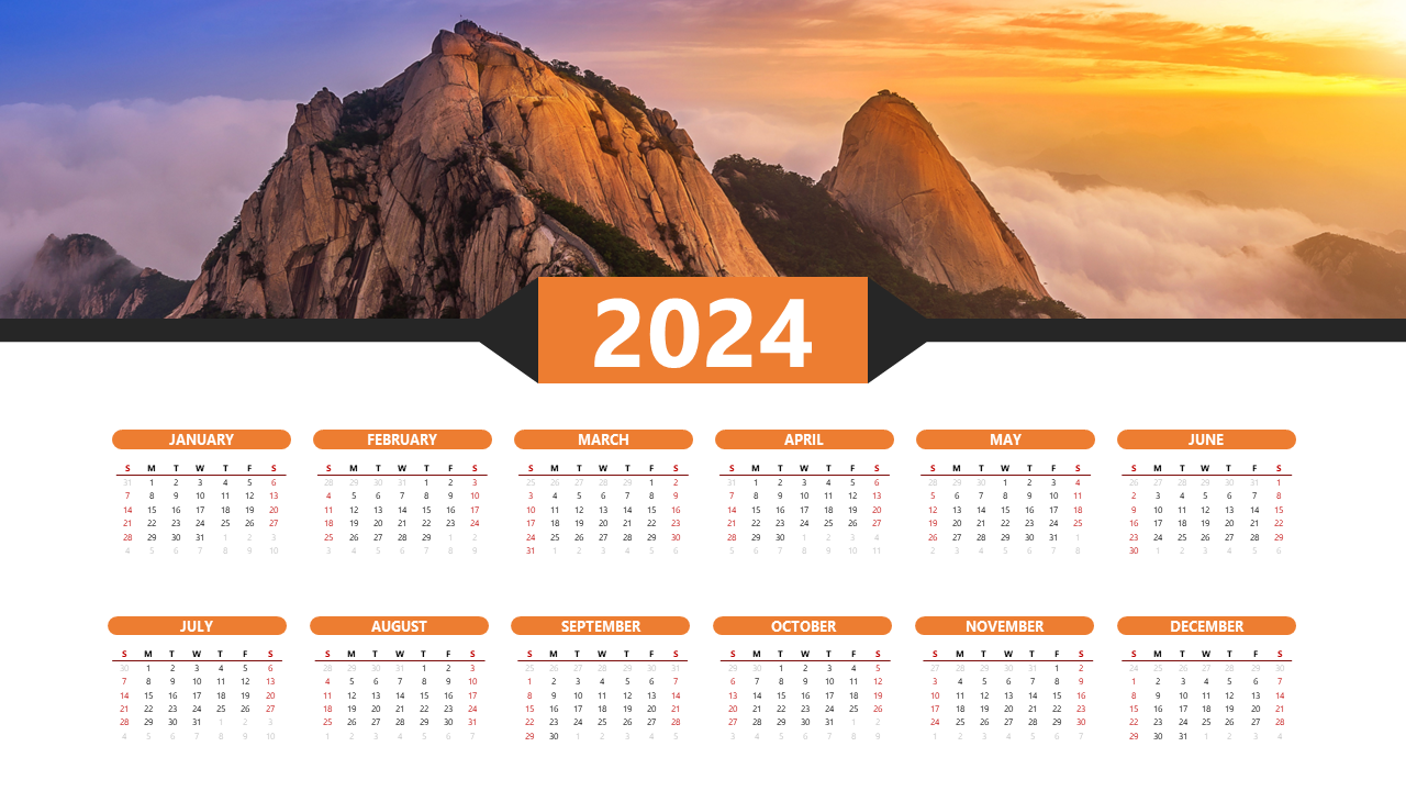 2024 calendar PowerPoint template with a stunning mountain landscape and a structured monthly layout.