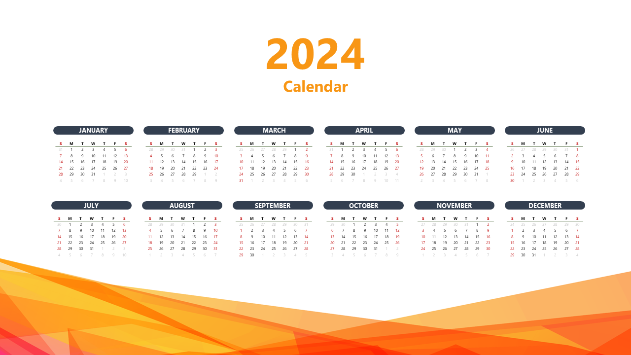 Minimalist 2024 calendar layout with each month organized in a grid, accented by an orange geometric pattern at the bottom.