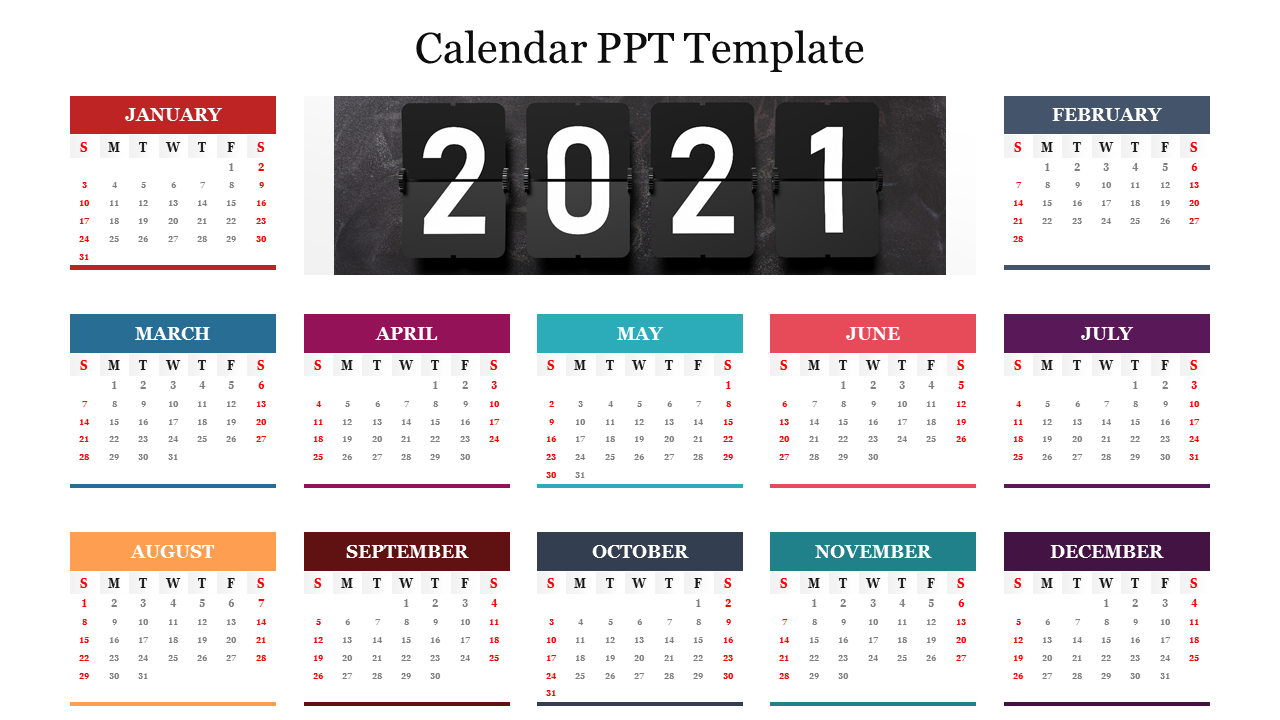 2021 calendar template with each month displayed in a colored box, with marked days.