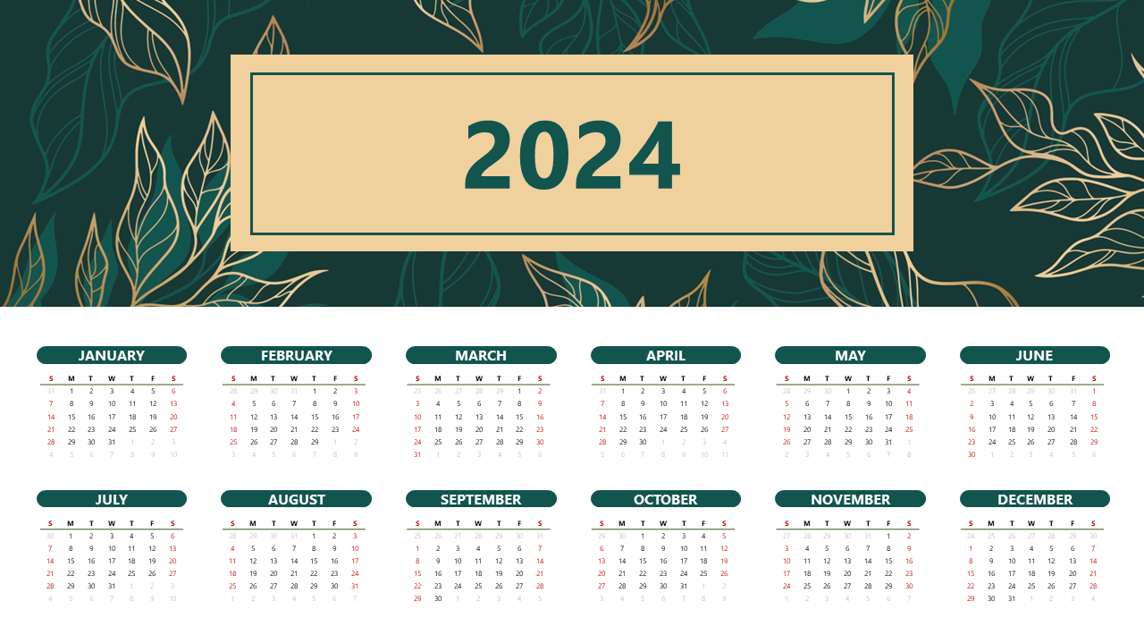 2024 calendar with a dark green background, beige title box, and leaf accents, featuring monthly grids below.